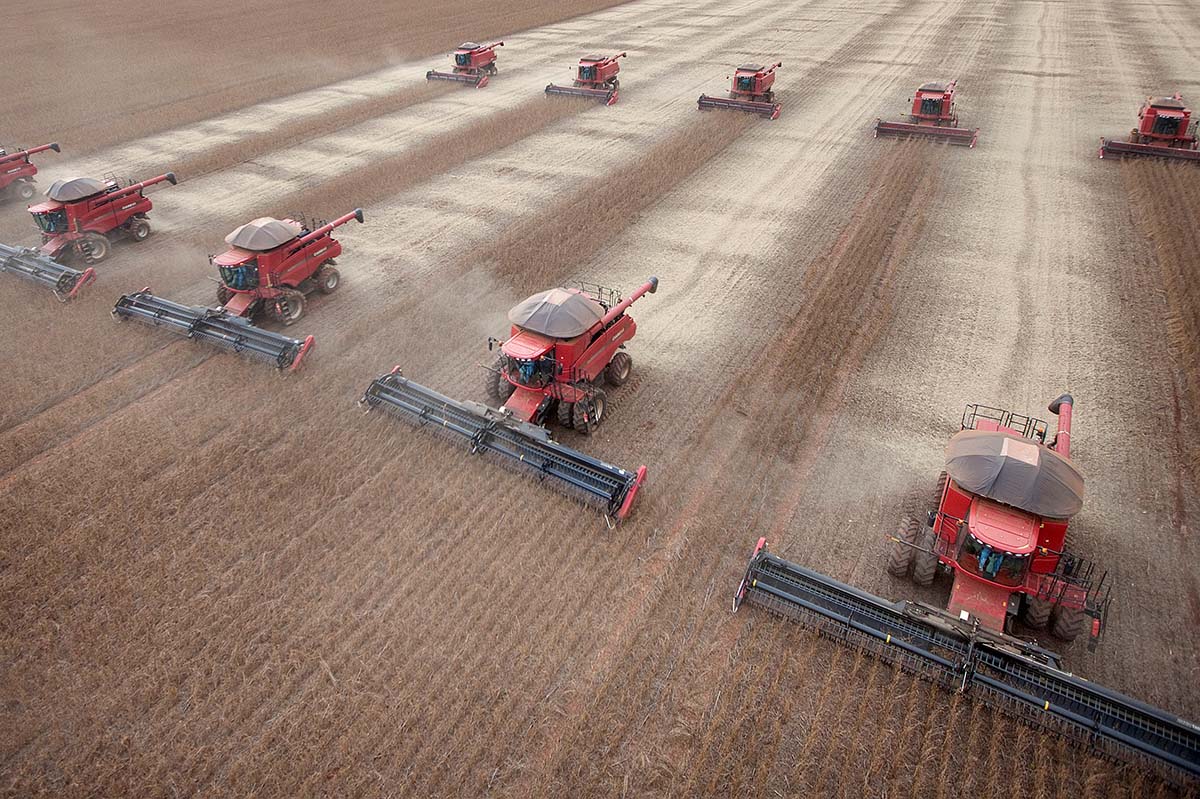 Arbeiter ernten am 27. März 2012 mit Mähdreschern Sojabohnen in Tangara da Serra, Bundesstaat Mato Grosso, Brasilien. Brasilien ist nach den Vereinigten Staaten der zweitgrösste Sojaproduzent der Welt, und die Ernte ist einer der wichtigsten Exportartikel des Landes. Foto: Keystone-SDA/AP Photo/Andre Penner