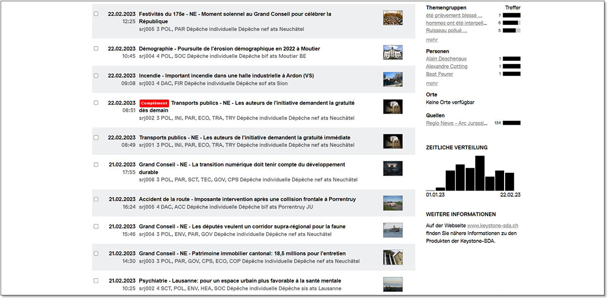Abbildung 3: Screenshot Regio News Arc jurassien/Fribourg vom 22. Februar 2023 (direct.keystone-sda.ch)