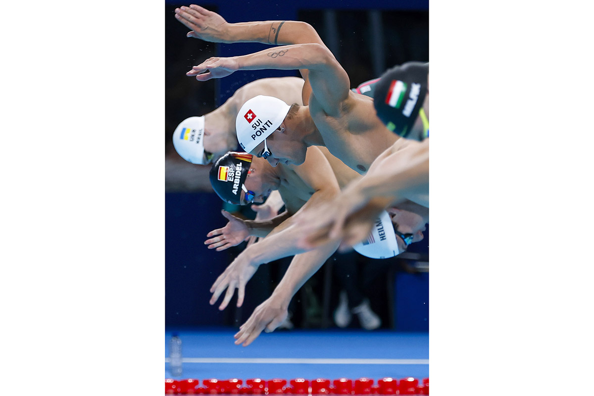 621697597 - Noè Ponti startet am 30. Juli 2024 an den Schwimm-Wettbewerben der Olympischen Sommerspiele 2024 in Paris über 200 m Delfin in der La Defense Arena. Trotz Egalisierung des Schweizer Rekords verpasst der Tessiner im Final einen Tag später eine Medaille und muss sich mit dem 5. Rang zufrieden geben. Foto: KEYSTONE/ Patrick B. Krämer