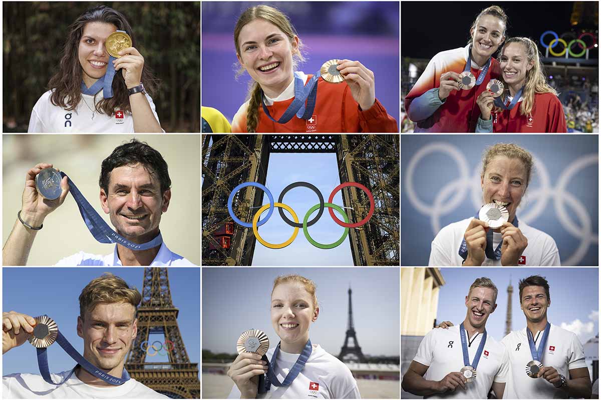 623990745 - Les huit médaillé(e)s suisses des Jeux olympiques 2024 à Paris: Chiara Leone (or en tir), Zoe Claessens (bronze en BMX), Tanja Hüberli et Nina Brunner (bronze en beach-volley), Steve Guerdat (argent en équitation), Julie Derron (argent en triathlon), Roman Mityukov (bronze en natation), Audrey Gogniat (bronze en tir), ainsi que Roman Röösli et Andrin Gulich (bronze en aviron), de gauche à droite et de haut en bas. Photos: KEYSTONE/ Anthony Anex/ Patrick B.Krämer/ Laurent Gilliéron