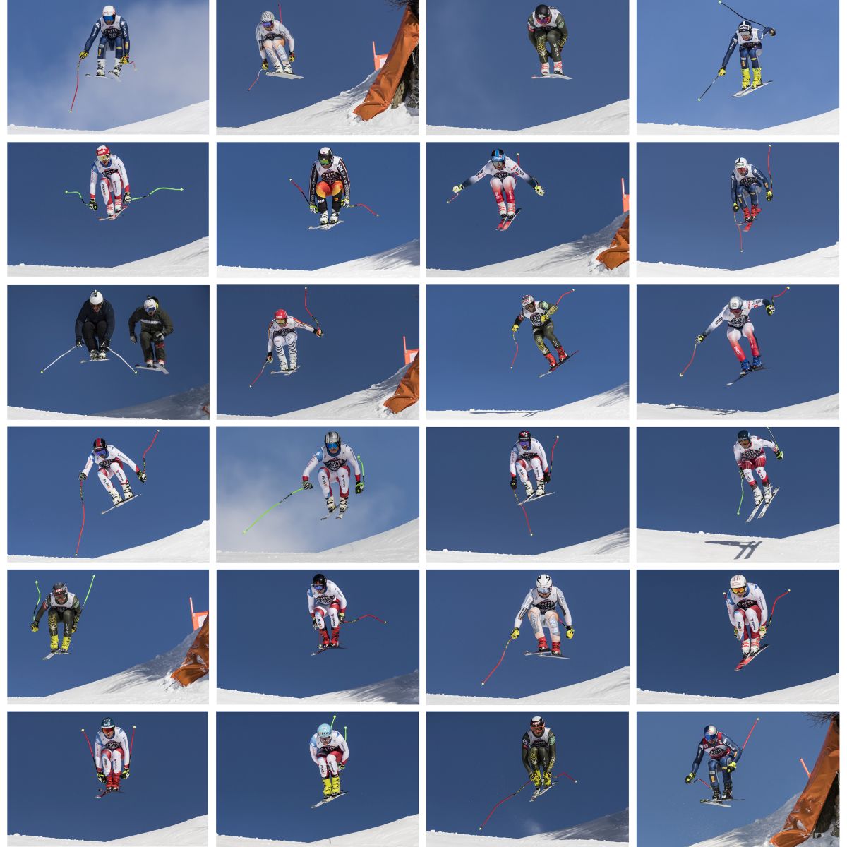 Der Sprung der Skirennfahrer über den Hundschopf am Lauberhornrennen 2020: Beat Feuz (4. Reihe, 3. von links), Carlo Janka (2. Reihe, links), die beiden Kamerafahrer des Schweizer Fernsehens SRF, Bruno Kernen und Marc Berthod (3. Reihe, links).