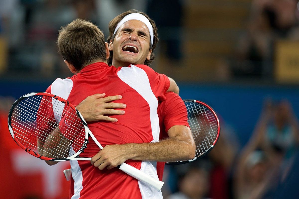 Stanislas Wawrinka et Roger Federer le 16 août 2008 à Pékin. Photo : Keystone-ATS / Alessandro Della Bella 