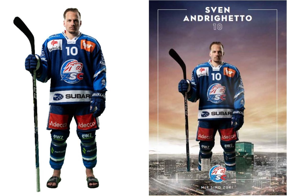 Auftragsproduktion für ZSC Lions  - links : Foto: Keystone-SDA / Christian Beutler  - rechts: ZSC Lions Autogrammkarte, Layout Koch Kommunikation